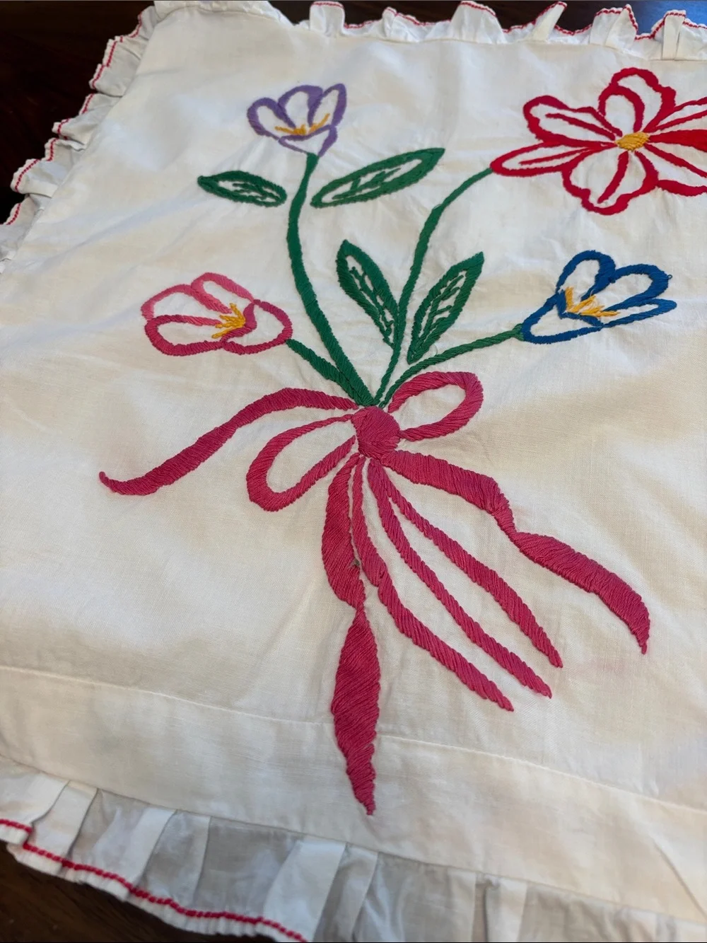 Vintage Embroidered Floral Pillow Sham White with Pink, Red, Green, Blue Accents